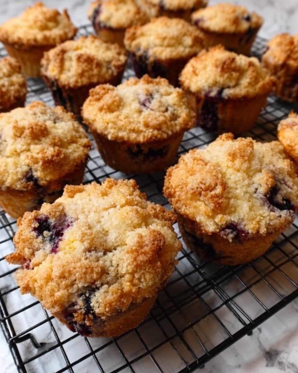 The image shows a dozen golden-brown muffins with a crumbly texture on top, each with visible dark spots of blueberries inside. The muffins are arranged closely together on a black metal cooling rack, which rests on a white marbled surface. The muffins have a rough, crispy top layer with uneven, crunchy bits and soft, moist sides. The light highlights the golden color of the baked tops and the blue-purple patches of fruit peeking through the crumbly surface. photo taken with an iphone --ar 4:5 --v 7