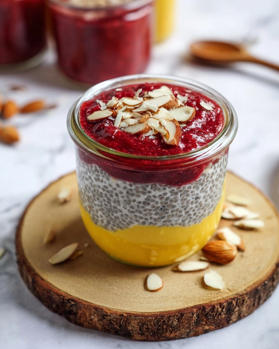 A clear glass jar shows three layers: the bottom layer is a smooth, bright yellow puree, the middle layer is a creamy, light grey chia seed pudding with tiny black seeds, and the top layer is a glossy deep red fruit sauce sprinkled with chopped almonds. The jar stands on a round wooden board with scattered almond pieces around it. In the background, there are blurred glass jars with similar contents and a wooden spoon on the white marbled surface. photo taken with an iphone --ar 4:5 --v 7