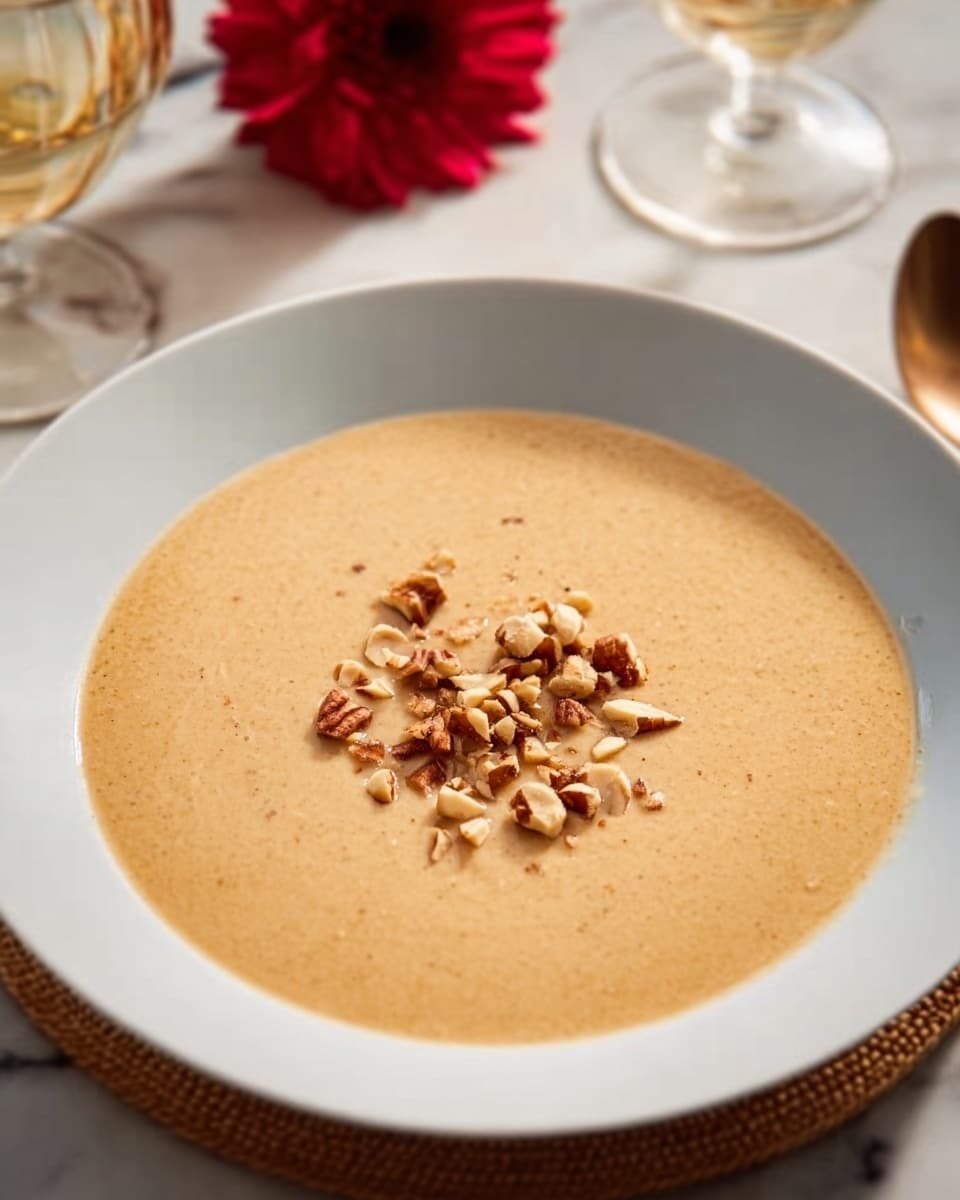 In this image, there is a white bowl placed on a white marbled surface. The bowl contains a creamy, light brown soup with a smooth texture, filling most of the bowl. On top of the soup, there is a small pile of chopped nuts scattered in the center, adding a crunchy texture to the creamy base. The lighting shows soft shadows, highlighting the soup's smoothness and the rough texture of the nuts. A red flower and some glassware are visible out of focus in the background, giving a warm and cozy feel. photo taken with an iphone --ar 4:5 --v 7