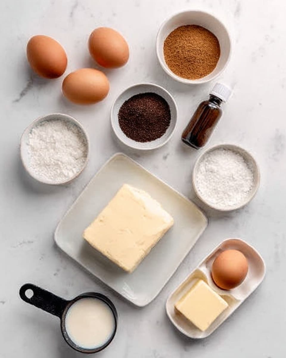 The image shows several cooking ingredients laid out on a white marbled surface. There are two brown eggs and one white egg placed around three small white bowls. One bowl holds dark brown granulated sugar, another has light brown cinnamon powder, and the last contains white coarse salt. At the center is a block of cream-colored cream cheese on a white square plate. A small brown bottle with a dropper is placed next to the plate. A small dish with three light brown eggshells and a white rectangular dish with a block of yellow butter are also visible. A small black measuring cup filled with cream is placed near the bottom left corner. Photo taken with an iphone --ar 4:5 --v 7