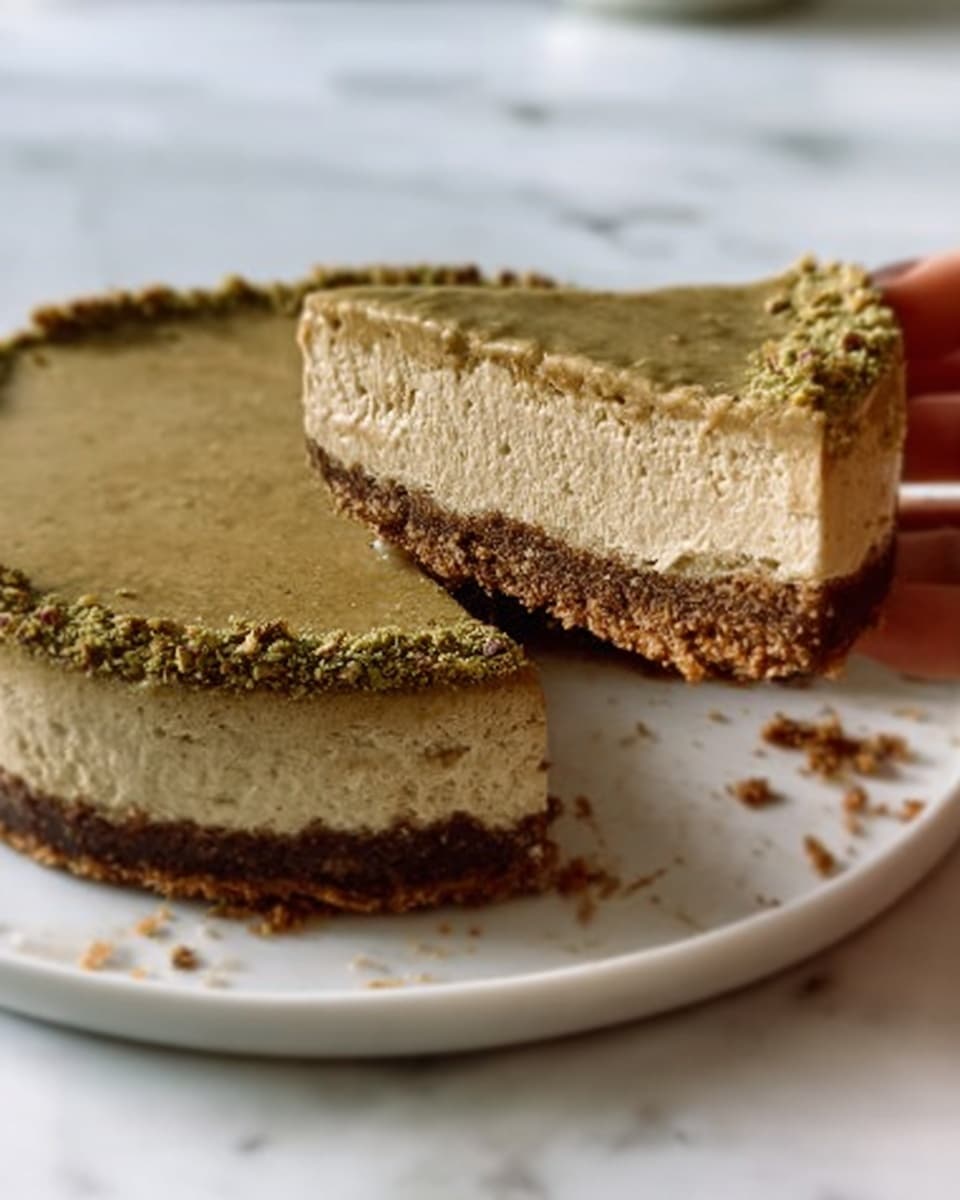 The image shows a round layered cake with three visible layers on a white plate, placed on a white marbled surface. The bottom layer is dark brown and looks dense and crumbly, similar to a graham cracker crust. The middle layer is thick, light beige, and creamy in texture. The top layer is thinner, greenish-brown, smooth, and slightly glossy, resembling a pistachio or nut-flavored topping. Some crumbs are scattered around the plate, and a woman's hand is lifting a slice from the cake. Photo taken with an iphone --ar 4:5 --v 7