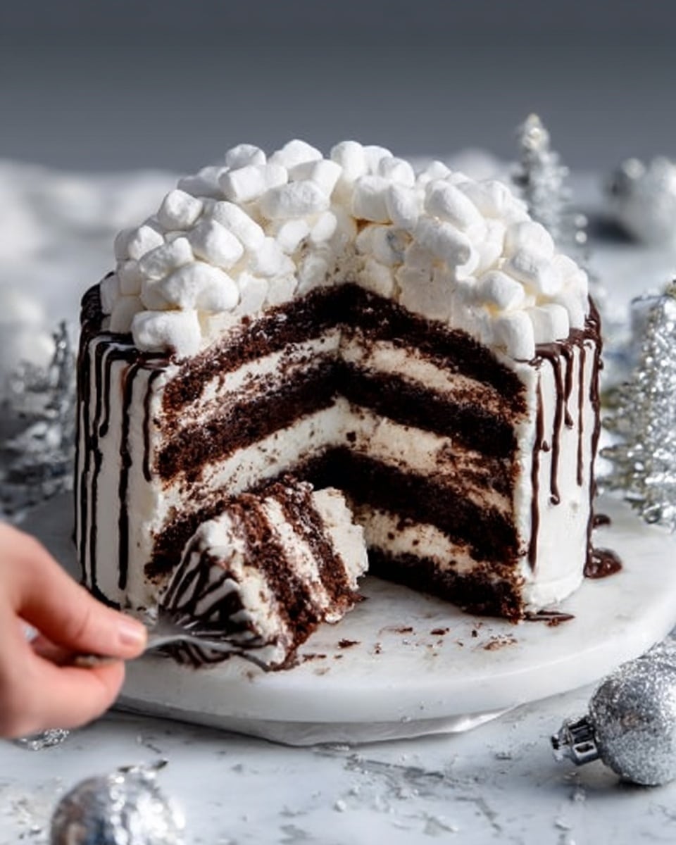 A white frosted cake with four thick dark brown chocolate layers, separated by creamy white filling. The top is covered with fluffy white marshmallows, drizzled with thin lines of dark chocolate sauce. The cake sits on a round white marble plate with a white marbled surface in the background. Silver Christmas decorations are around the plate, and a woman's hand lifts a slice from the cake, showing the inside layers clearly. photo taken with an iphone --ar 4:5 --v 7
