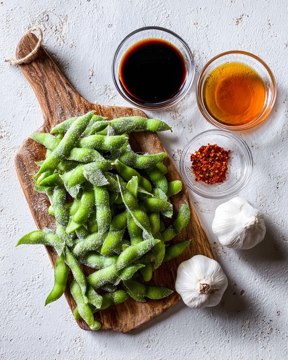 The image shows a wooden board on a white marbled surface, filled with bright green edamame pods covered with a light layer of frost. Next to the board, there are three small clear glass bowls: one with dark soy sauce, one with orange oil, and one with red chili flakes. Two whole white garlic bulbs sit near the bowls, creating a neat arrangement of fresh and colorful ingredients. Photo taken with an iphone --ar 4:5 --v 7