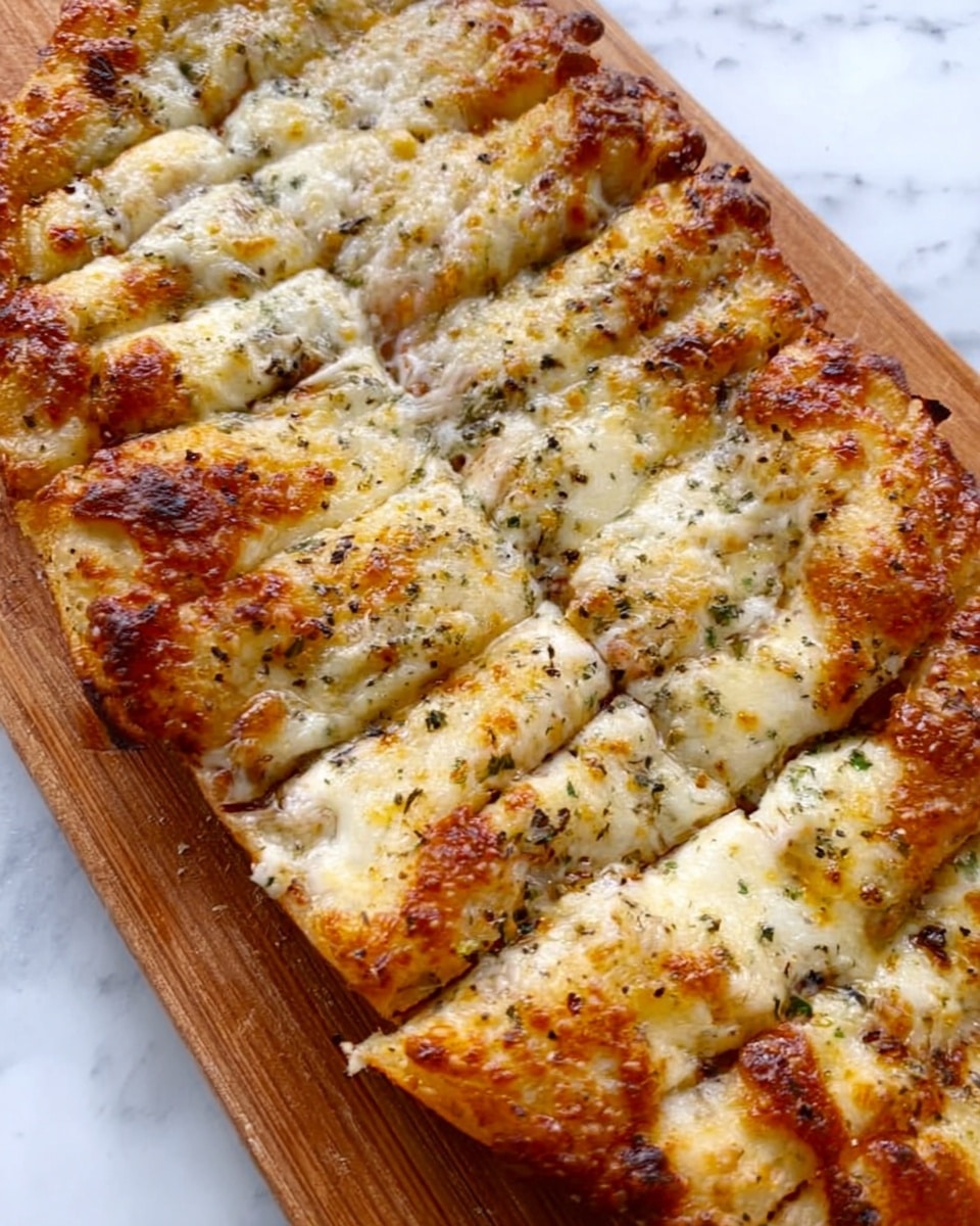 The image shows a close-up of a pizza sliced into long strips placed on a wooden board. The pizza crust is golden brown and slightly crispy at the edges. The first layer consists of melted cheese that is bubbly and browned in spots, covering the entire surface evenly. There are visible herbs sprinkled on top that add green and black flecks across the cheese. The texture is soft and gooey with areas of slight crispiness. The background is a white marbled surface. Photo taken with an iphone --ar 4:5 --v 7
