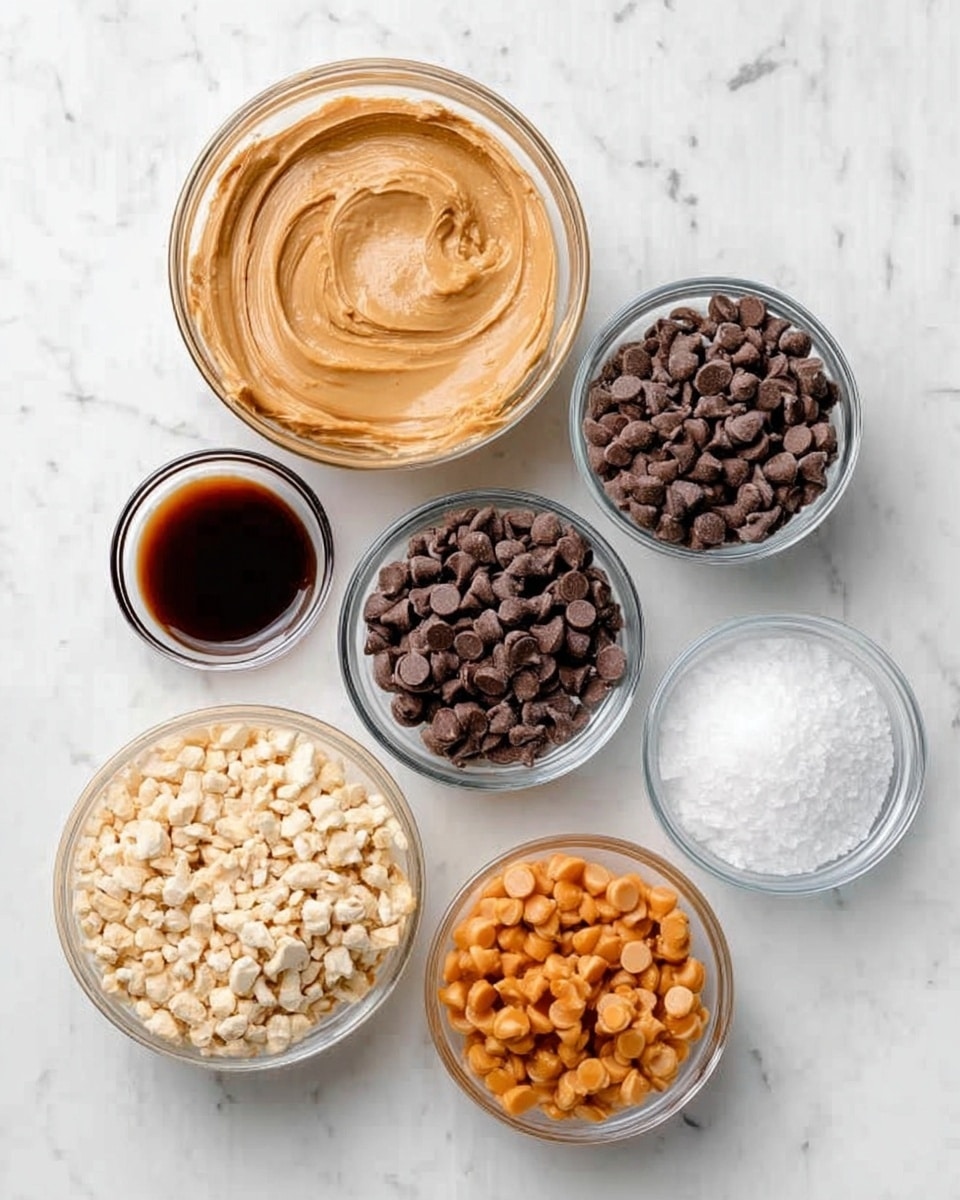 The image shows six clear glass bowls arranged on a white marbled surface. The top left bowl contains smooth, creamy peanut butter with a light brown color and swirled texture. To its right, the top right bowl is filled with small, dark brown chocolate chips. Below the peanut butter, there is a small bowl with dark brown liquid, likely vanilla extract. In the center, a bowl holds a white powdery substance, which looks soft and finely ground. Next to it on the right, a very small bowl contains a small amount of white salt. At the bottom left, a bowl filled with light beige chopped nuts shows a rough, crunchy texture. Finally, the bottom right bowl has orange-brown butterscotch chips with a smooth surface. photo taken with an iphone --ar 4:5 --v 7