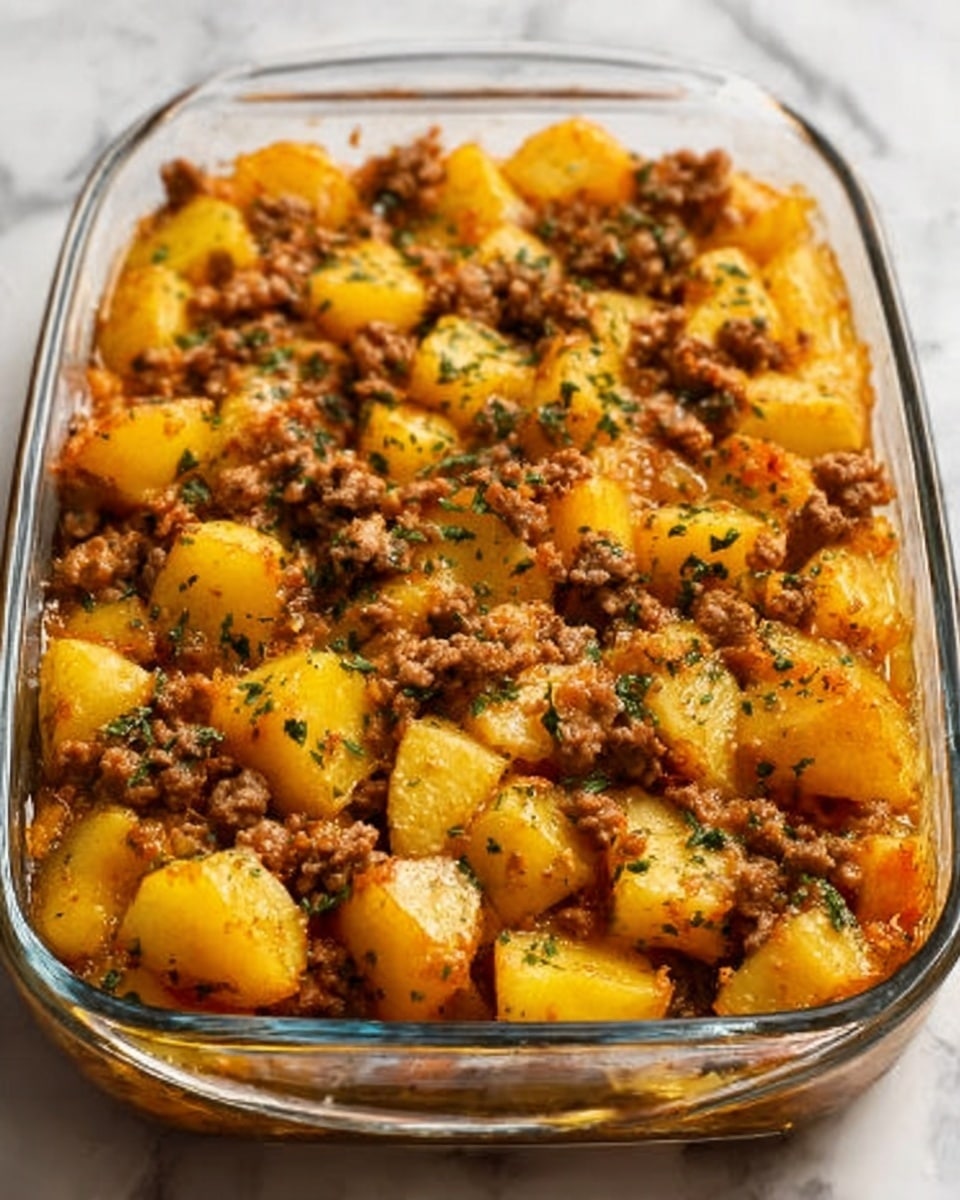 The image shows a clear glass baking dish filled with cooked diced yellow potatoes layered with browned ground meat and sprinkled herbs on top. The potatoes are chunky with a soft texture, mixed evenly with small pieces of browned meat, showing a golden brown color with some darker spots from cooking. Slightly visible are some bits of cooked carrots or red vegetables scattered throughout. The dish sits on a white marbled surface. photo taken with an iphone --ar 4:5 --v 7