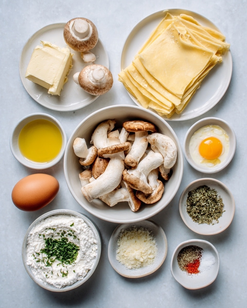 The image shows several small white bowls arranged neatly on a white marbled surface, each containing different ingredients. In the center, there is a white bowl filled with a variety of mushrooms in brown and beige shades, showing their smooth and textured surfaces. Around it, there are bowls with pale yellow butter, a brown egg, a small pile of brown crumbs, a small amount of bright red spice, white flour, and a bowl of creamy white cheese topped with chopped green herbs. On the right side of the image, a white plate holds a smooth light yellow sheet of dough. Photo taken with an iphone --ar 4:5 --v 7
