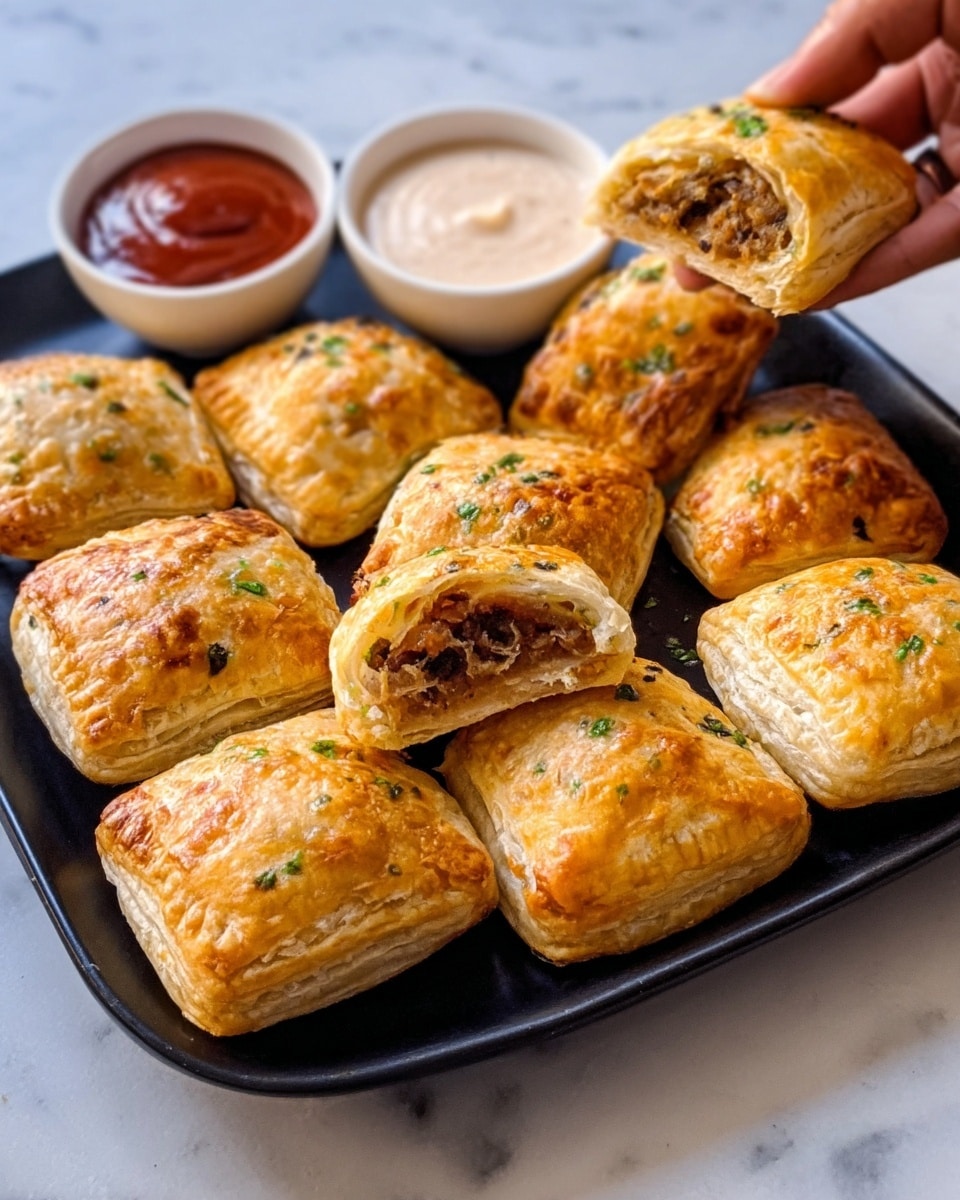 A black square plate holds nine golden brown, flaky pastries with a slightly crispy texture, arranged in a loose cluster. One pastry is split open, showing a soft, light brown filling inside. The plate is set on a white marbled surface. To the upper left of the plate are two small clear glass bowls, one filled with bright red sauce and the other with creamy white sauce. A woman's hand is holding the broken pastry. Photo taken with an iphone --ar 4:5 --v 7