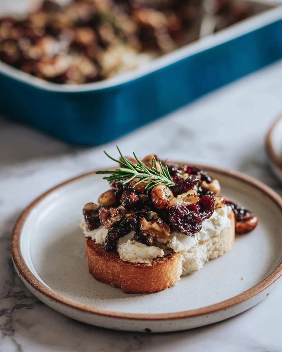 The image shows a small toasted piece of bread placed in the center of a white plate with a brown rim. On top of the bread, there is a layer of white soft cheese, followed by a mix of dark brown nuts and small chunks of what seem to be dried fruits. The topping is crowned with a fresh green sprig of rosemary standing upright. In the background, slightly out of focus, there is a white baking dish filled with more of the same nut and fruit mixture on a white marbled surface. The photo taken with an iphone --ar 4:5 --v 7