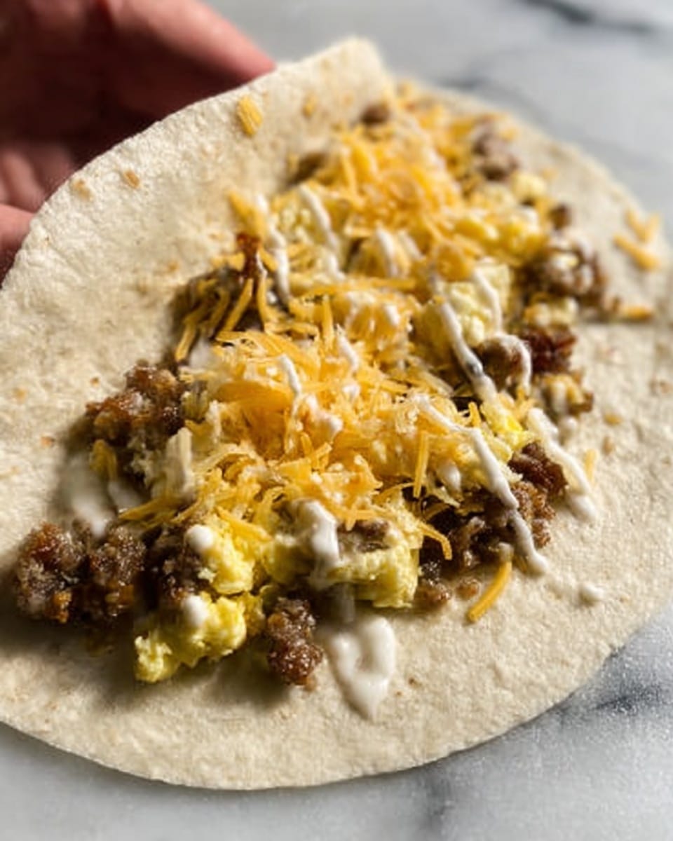 The image shows a soft tortilla on a white marbled surface, filled with layers of cooked scrambled yellow eggs and brown cooked sausage crumbles spread evenly along the center. Over the eggs and sausage, there is a mix of shredded cheese in light yellow and white colors, and a drizzle of white creamy sauce on top. A woman's hand is holding the tortilla gently from the left side. The light highlights the soft texture of the tortilla and the moist, fluffy eggs inside. Photo taken with an iphone --ar 4:5 --v 7