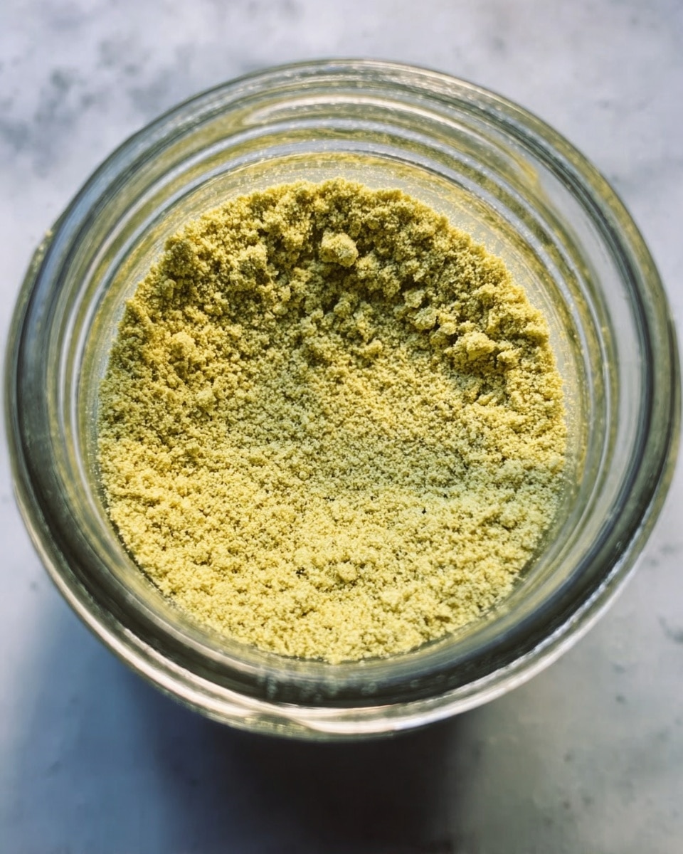 A clear glass jar viewed from above holds a single layer of yellowish-green powder with a coarse texture filling the jar evenly. The jar's inside shows some reflection from light, and the edge of the jar is visible all around the powder. The background is a white marbled surface. photo taken with an iphone --ar 4:5 --v 7