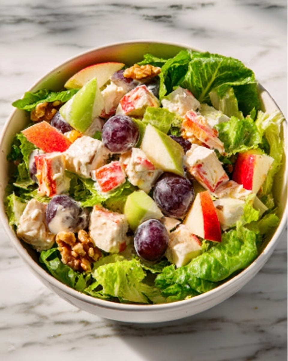 A white bowl filled with a fresh salad sits on a white marbled surface. The salad has three main layers visible: at the bottom, bright green leafy lettuce forms the base with a crisp texture; the middle layer has evenly cut white cubes of chicken mixed with small chunks of orange and red crab sticks; scattered around throughout are walnut pieces and purple grapes adding texture and color contrast. The ingredients have a fresh and bright look, mixed evenly, showing a variety of natural colors. Photo taken with an iphone --ar 4:5 --v 7