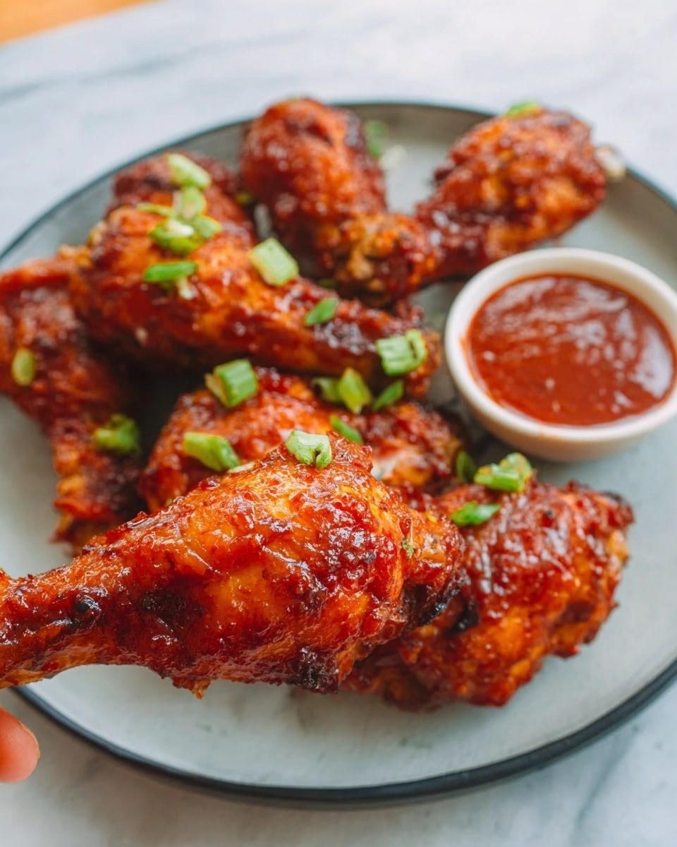 A close-up photo showing six crispy fried chicken drumsticks coated in a shiny, sticky reddish-brown sauce. The drumsticks are arranged on a white plate with green chopped onions sprinkled on top for color contrast. On the right side of the plate, there is a small pile of red dipping sauce in a smooth round white bowl. The texture of the chicken skin looks crunchy and glossy from the sauce, with some dark spots showing a well-cooked finish. The background is a white marbled surface, and a woman's hand is holding one drumstick in the front. Photo taken with an iphone --ar 4:5 --v 7