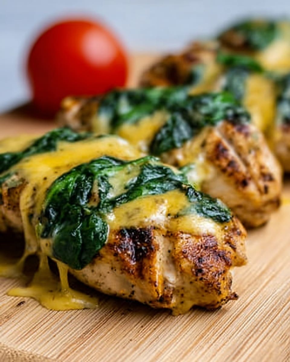 The image shows three grilled chicken pieces arranged closely on a light wooden surface with a white marbled background. Each piece is covered with melted yellow cheese that drips slightly, layered with wilted green spinach leaves spaced evenly on top. The chicken has brown grill marks and a slightly crispy texture. A small red tomato is visible out of focus on the left side of the frame. The scene is close up and bright, with the focus on the detailed textures of the chicken, cheese, and spinach. Photo taken with an iphone --ar 4:5 --v 7