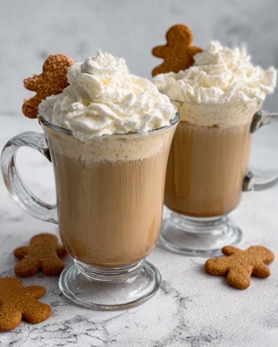 The image shows two clear glass mugs filled with a light brown drink, topped with thick, white whipped cream. Each whipped cream topping has a small gingerbread cookie placed near the top edge of the mug, slightly leaning on the cream. The mugs sit on a white marbled surface, and a few more gingerbread cookies are scattered nearby. The texture of the drink looks smooth and creamy, and the overall scene has a cozy, festive feel. photo taken with an iphone --ar 4:5 --v 7