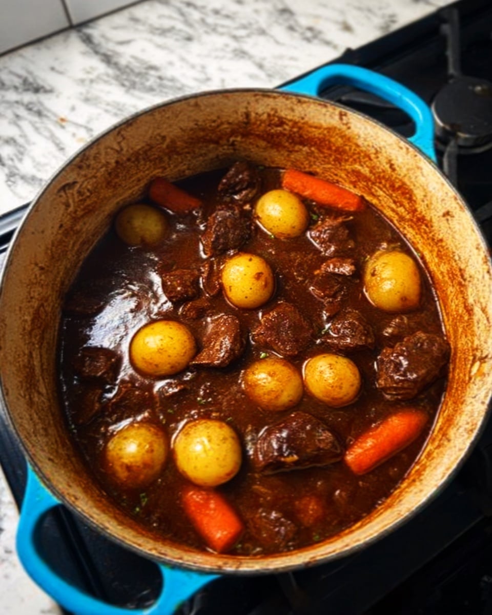 The image shows a white enamel pot filled with a rich, dark brown stew sitting on a stove. Inside the stew, there are several small yellow potatoes scattered around, with chunks of tender dark brown meat mixed in. Bright orange carrot slices are also visible, adding a pop of color against the thick sauce. The pot has a blue handle and the background features a white marbled texture. The stew looks thick and hearty, with steam rising gently. photo taken with an iphone --ar 4:5 --v 7