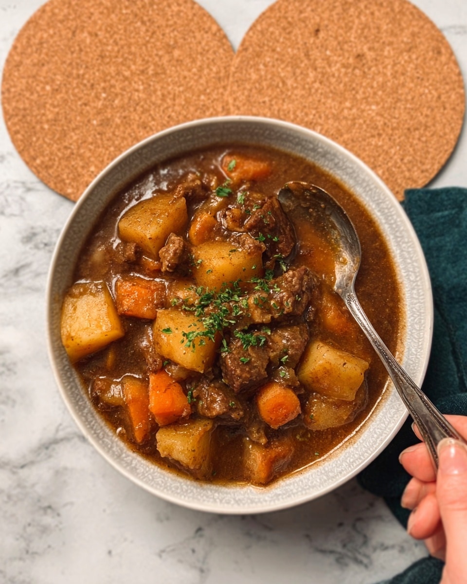 The image shows a white bowl filled with a rich brown stew. The stew has chunks of tender meat mixed with pieces of potatoes and orange carrots. The stew's sauce looks thick and shiny, covering all the ingredients well. Two shiny metal spoons rest inside the bowl, with a woman's hand holding one spoon, ready to scoop some of the stew. The bowl sits on a white marbled surface with two round cork mats behind it. The scene is cozy and inviting. photo taken with an iphone --ar 4:5 --v 7