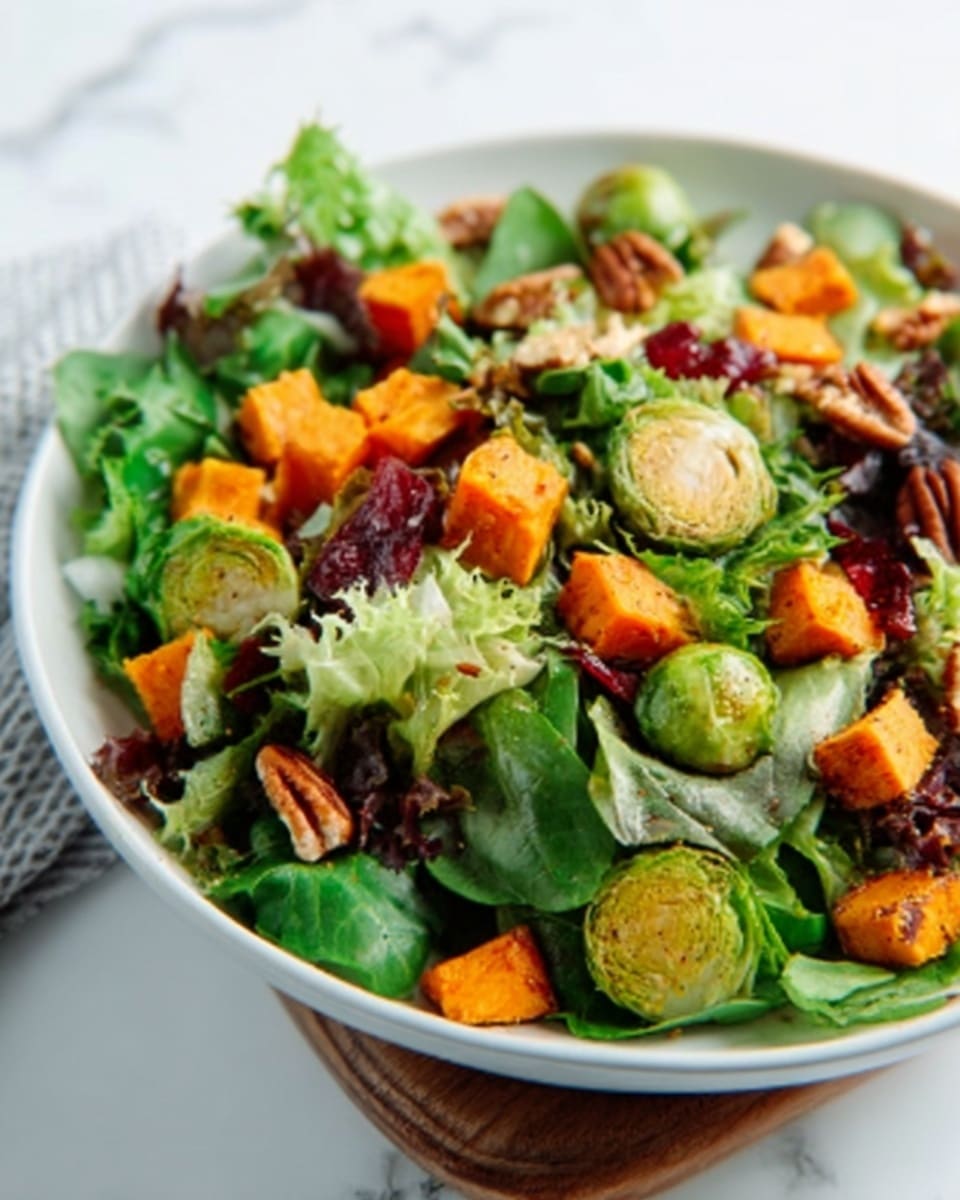 A round white plate holds a colorful salad with several layers. The bottom layer is fresh green leafy lettuce with light and dark green tones. On top, there are bright orange cubes of roasted sweet potatoes, and small round green Brussels sprouts with a slightly roasted texture. There are also dark red pecan nuts scattered throughout. The salad looks fresh and vibrant on a white marbled surface. A small part of a wooden board is visible under the plate. photo taken with an iphone --ar 4:5 --v 7