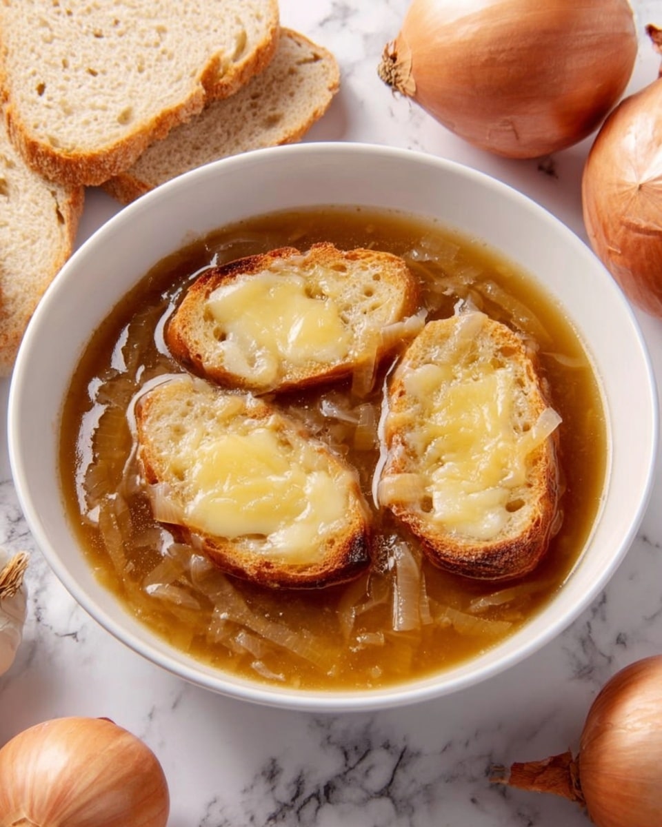 The image shows a white bowl filled with a warm onion soup. The soup has a clear brown broth with soft, cooked onion slices visible throughout. Three toasted bread pieces with melted cheese on top float on the surface, arranged close together in the center of the bowl. The toasted bread is golden brown with slightly darker edges, and the melted cheese is light yellow and slightly bubbly. The bowl sits on a white marbled surface, and to the left, several slices of plain bread are stacked. On the right side, there are some whole onions placed nearby. Photo taken with an iphone --ar 4:5 --v 7