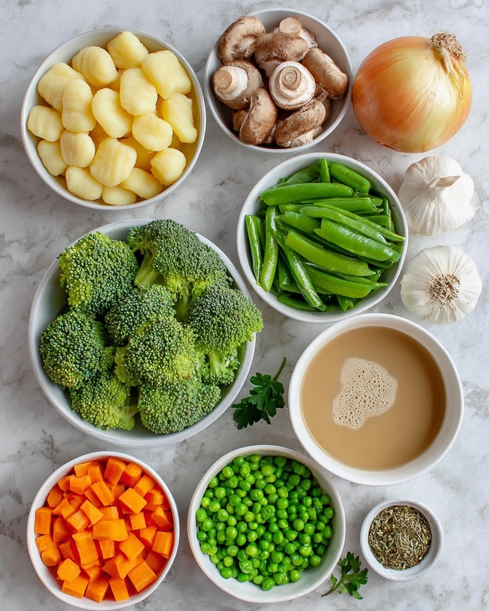 The image shows nine small white bowls placed on a white marbled surface. Each bowl holds a different ingredient: one bowl has small yellow gnocchi pieces, another holds fresh green broccoli florets, a third bowl contains green beans cut into sections, and a fourth bowl is filled with bright green peas. There is a bowl with diced orange carrots, and another one has sliced brown mushrooms with white centers. A small bowl contains dried mixed herbs, and a larger bowl is filled with a light brown creamy sauce. Beside the bowls, there is a whole garlic bulb and a yellow onion on the white marbled surface. Photo taken with an iphone --ar 4:5 --v 7