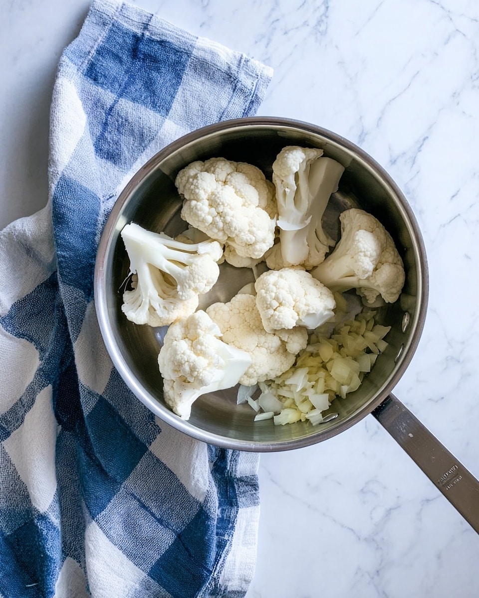 A silver saucepan holds several large white cauliflower pieces and small chopped white onion pieces inside. The saucepan is placed on a white marbled surface. Next to the pan, on the left side, lies a folded blue and white checkered cloth. The photo is taken from above, showing the smooth textures of the vegetables and the shiny metal surface of the pan photo taken with an iphone --ar 4:5 --v 7