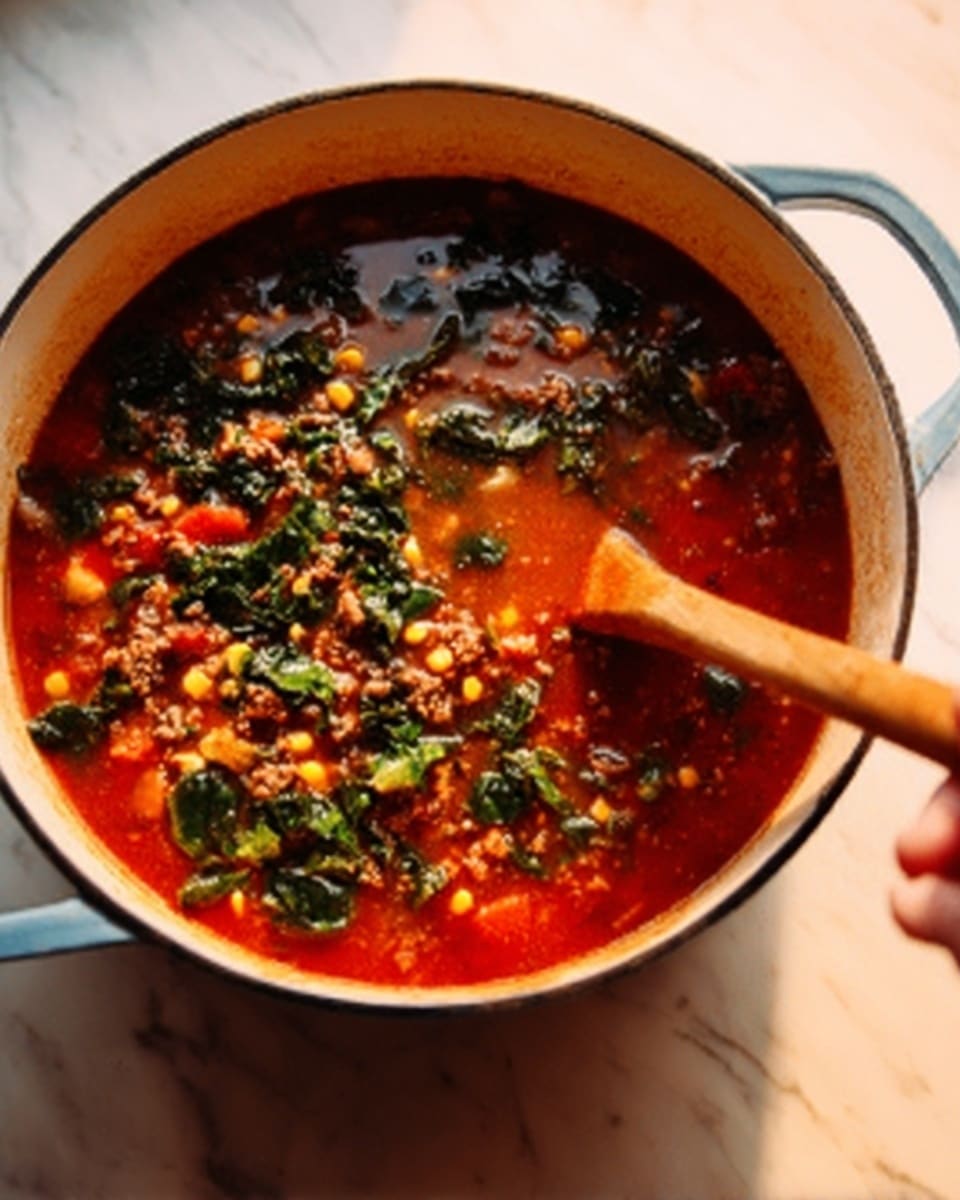 The image shows a blue pot filled with a rich tomato-based soup layered with small lentils, finely chopped orange carrots, red tomato chunks, and bright green spinach scattered on top. A wooden spoon is placed inside the pot, partially submerged in the soup. The pot is sitting on a white marbled surface with warm lighting highlighting the soup’s colorful textures. The steam rising slightly from the pot adds a fresh, hot feeling to the scene. Photo taken with an iphone --ar 4:5 --v 7