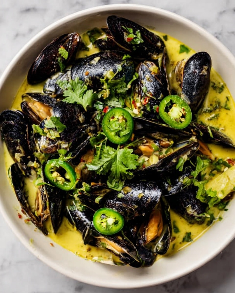 A close-up view of a dark mussel dish with opened mussels piled inside a white bowl, each mussel showing dark shiny shells with hints of blue and green. The mussels are sitting in a light creamy yellow sauce with visible chopped green herbs sprinkled over the shells, adding a touch of freshness. On the right side, a bright green lime wedge rests on the mussels, shining with a slightly wet texture. The bowl is placed on a surface with white marbled texture, giving a clean and elegant look. photo taken with an iphone --ar 4:5 --v 7