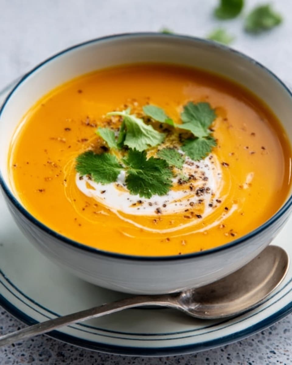 A white bowl filled with smooth orange soup, topped with a small dollop of white cream in the center. Bright green cilantro leaves and a sprinkling of black pepper decorate the surface. The bowl sits on a white plate with a blue-rimmed edge, placed on a white marbled texture. A spoon is placed next to the bowl. photo taken with an iphone --ar 4:5 --v 7
