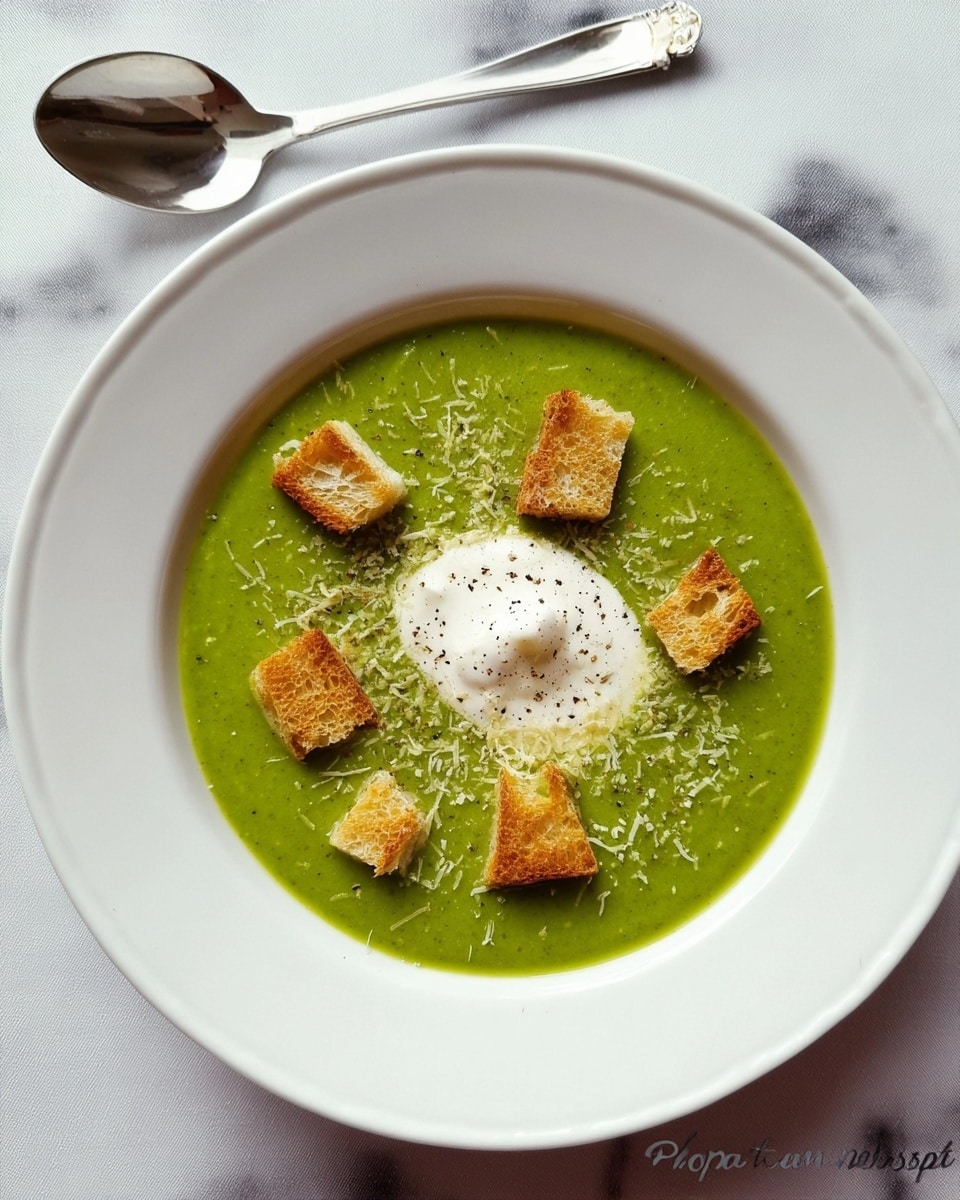 A bowl of light green creamy soup sits in a white bowl placed on a white plate. There are three browned croutons arranged near the center of the soup. Small chopped green herbs are scattered around the croutons, along with a light sprinkle of fine shredded white cheese and some black pepper. A silver spoon rests next to the bowl on a white marbled surface, with a small white bowl containing black pepper nearby. To the right, a crumpled blue cloth adds color to the scene. Photo taken with an iphone --ar 4:5 --v 7