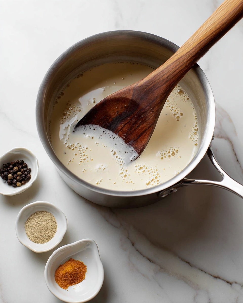 A shiny silver pot filled with a light cream-colored liquid that has small bubbles floating on the surface, being stirred by a wooden spatula with a dark tip. The pot is placed on a white marbled surface with three small white ceramic bowls nearby, each containing different spices: whole black peppercorns, a light tan powder, and a warm orange powder. The smooth texture of the liquid contrasts with the rough wooden spatula, and the entire scene is softly lit with natural light. photo taken with an iphone --ar 4:5 --v 7