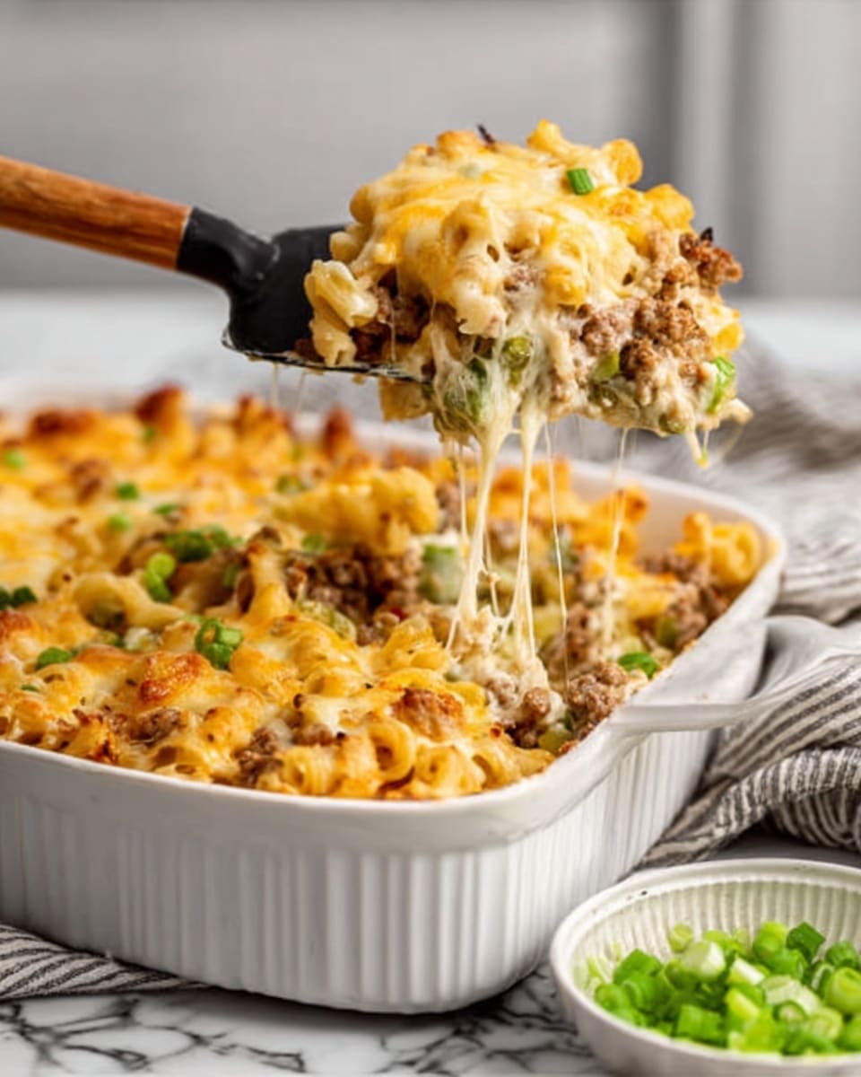 The image shows a white rectangular baking dish filled with a baked casserole that has four visible layers. The bottom layer is a pale yellow egg base. Above that is a layer of ground meat mixed with chopped green bell pepper pieces, adding green spots all over. The top layer is covered with mushrooms sliced lengthwise, scattered evenly. Melted cheese coats the whole dish, appearing white with some golden brown spots. The dish is on a white marbled surface with a wooden spatula on the left and two whole onions in the top right corner. A bowl of shredded cheese and a white towel with black grid lines are partially visible at the bottom and right side of the image. Photo taken with an iphone --ar 4:5 --v 7