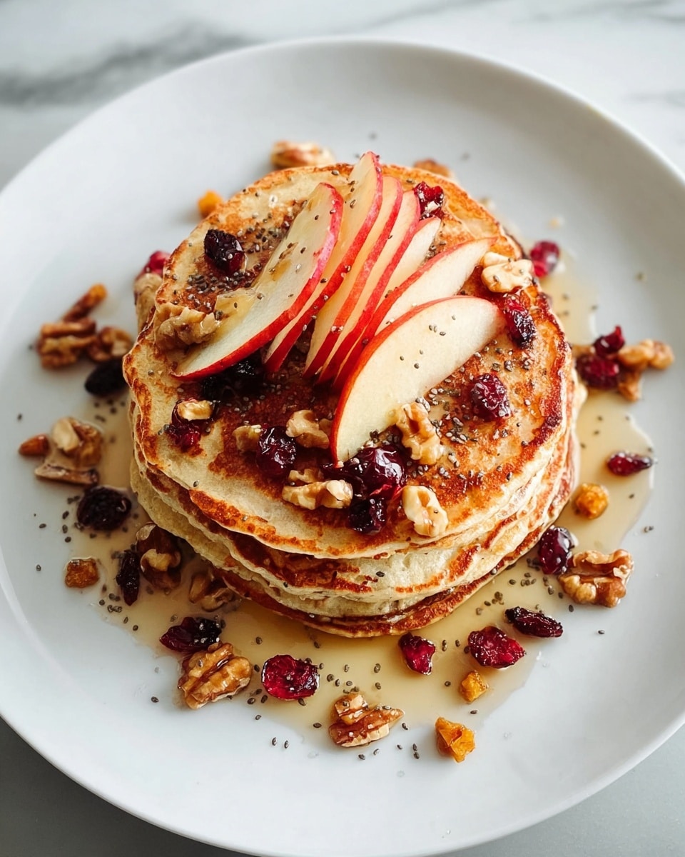 A stack of four golden-brown pancakes is placed in the center of a white plate on a white marbled surface. On top of the stack, there is a neat fan of thinly sliced red and white apple pieces. Around and over the pancakes, there are scattered chunks of walnuts, dried red cranberries, and small golden dried fruit bits, with tiny black chia seeds sprinkled lightly over everything. A light drizzle of honey or syrup creates a slight shine on the pancakes and toppings. Photo taken with an iphone --ar 4:5 --v 7