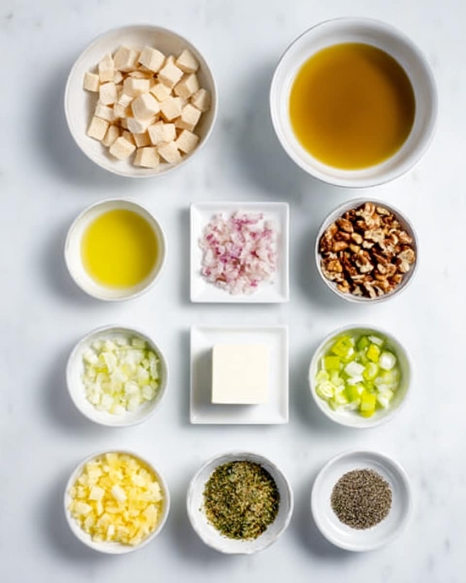 A top view of 11 small white bowls and plates arranged on a white marbled surface, each holding a different ingredient. The largest bowl in the top right corner contains a smooth, golden brown liquid. To its left is a bowl filled with pale beige cube pieces. Below these, a small bowl holds a yellow liquid. Next to it, a square white dish is filled with chopped brown nuts. Below that is a round bowl with small pink chunks. To the far right, a small dish contains minced white pieces, and under it is a bowl with bright green slices. In the bottom row, a round bowl contains yellow cubes, next to it is a white square dish with a small pile of chopped green herbs. To the left, a white plate has a solid white square block, and on the bottom right is a small white dish with ground black seasoning. All dishes and bowls have clean and clear contents with varied textures and colors, placed neatly on the white marbled surface. Photo taken with an iphone --ar 4:5 --v 7
