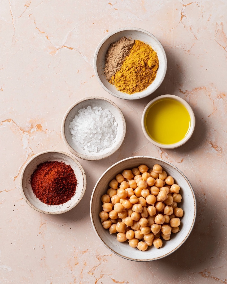 There are five small white bowls with different ingredients arranged on a soft pink surface with a white marbled texture. The largest bowl at the bottom right is filled with light brown chickpeas, smooth and round. To the left is a smaller white bowl filled with coarse white salt crystals. Above that, another white bowl holds a mix of two spices: bright yellow powder and a darker brown powder. On the top right, a bowl contains a bright yellow liquid, likely oil, smooth and shiny. In the center is a white bowl with a mound of deep red powdered spice. All bowls have a simple, rustic look with a slightly uneven rim. photo taken with an iphone --ar 4:5 --v 7