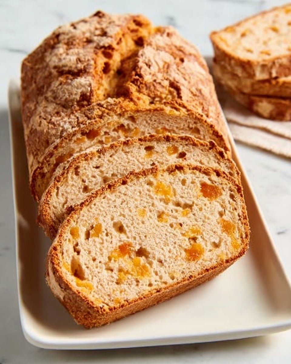 A loaf of fruit bread is shown sliced into several pieces, each slice revealing a light brown texture with visible chunks of orange fruit embedded throughout. The bread has a rough surface with a slightly crumbly texture on top. The slices are arranged standing slightly overlapping on a white rectangular plate, placed on a white marbled textured surface. photo taken with an iphone --ar 4:5 --v 7