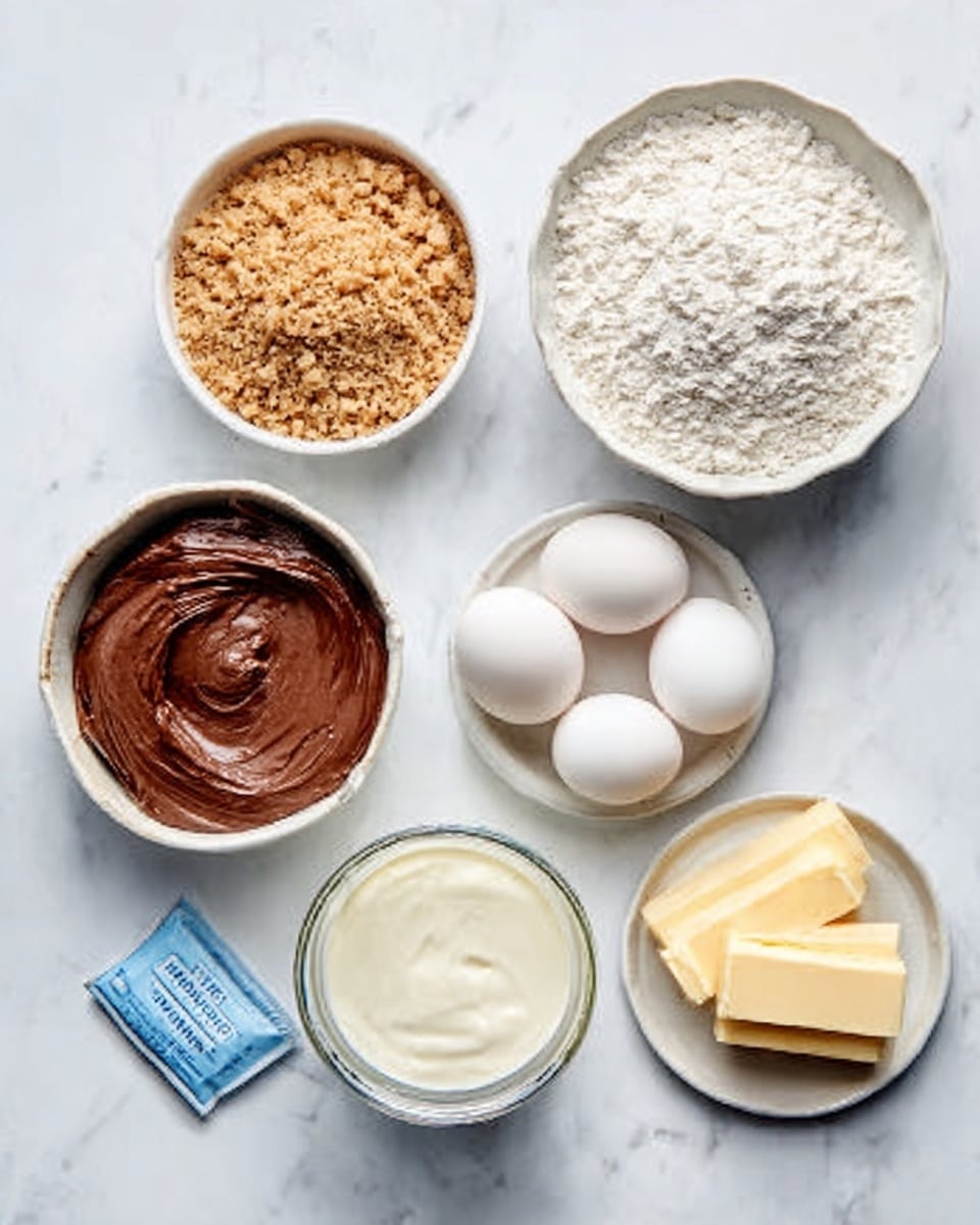 The image shows a white bowl filled with white flour, a small white bowl with light brown crushed nuts, a small white bowl of smooth dark brown chocolate spread, a small white bowl of creamy light beige sauce, two whole eggs, a small white bowl with white liquid, a slab of yellow butter on a black dish, and a small blue packet of dry yeast, all arranged neatly on a white marbled surface, with soft natural light highlighting the smooth and rough textures of each ingredient, photo taken with an iphone --ar 4:5 --v 7