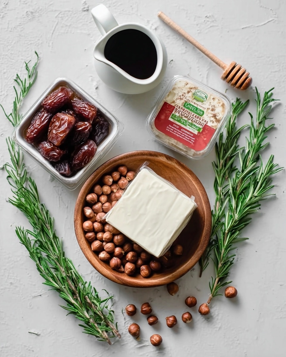The image shows a white marbled surface with fresh rosemary sprigs scattered around. In the center, there is a green square container with a pink label. To the right of the container, there is a white plate holding a block of tofu with a smooth texture. Below the container, a white bowl is filled with dark brown, round hazelnuts. Above these items, a white ceramic jug with dark liquid is placed, and next to it, a white honey dipper lies diagonally. Some loose hazelnuts are also spread around the scene. photo taken with an iphone --ar 4:5 --v 7