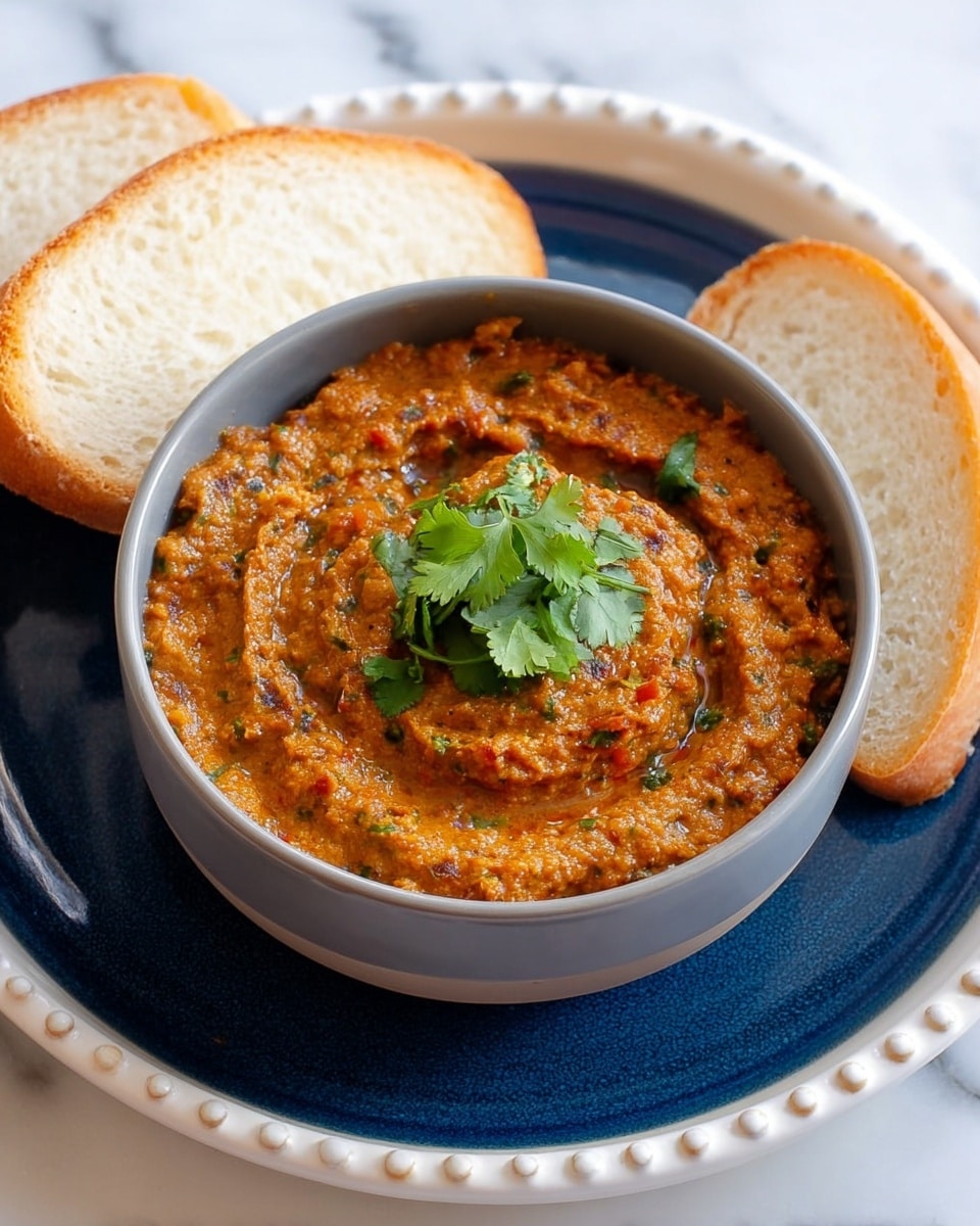 A thick orange-brown dip with a slightly chunky texture sits in a gray bowl, topped with fresh green cilantro leaves in the center. The bowl is placed on a dark blue plate, which is on a larger white plate with a textured edge. Behind the bowl, there are two slices of white bread with a soft texture and light crust, resting on the plates. The whole setup is on a white marbled surface. photo taken with an iphone --ar 4:5 --v 7