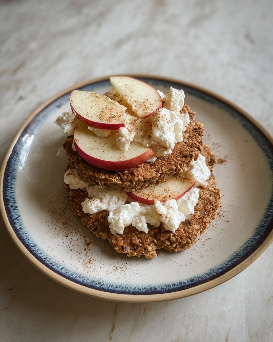 A stack of two thick, rough-textured brown pancakes sits in a white plate with a bluish rim pattern. Between the pancakes, there are slices of red and pale yellow apples and dollops of white cottage cheese. More apple slices and cottage cheese are placed on top of the stack, which is sprinkled with a light brown powder, likely cinnamon. The plate rests on a dark surface, but the background is changed to a white marbled texture. Photo taken with an iphone --ar 4:5 --v 7
