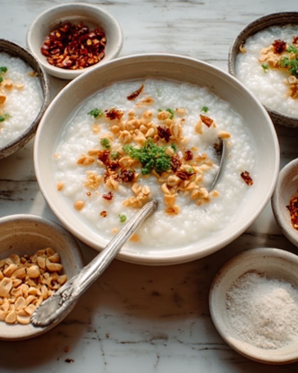 A white bowl on a white marbled surface filled with a thick creamy rice porridge. The porridge has a smooth white base topped with a small mound of golden brown crispy bits, finely chopped green herbs, and tiny red specks scattered on top. A silver spoon rests inside the bowl, its handle extending outward. Around the main bowl, there are other small white bowls with similar toppings, including chopped nuts and dried red chili flakes. photo taken with an iphone --ar 4:5 --v 7