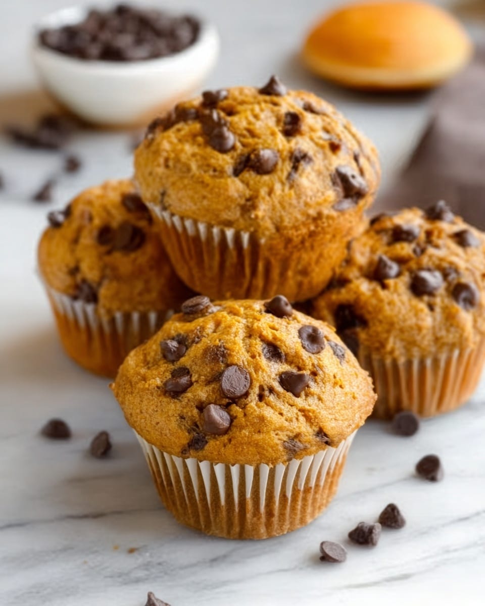 The image shows three chocolate chip muffins with golden brown tops full of small, melted chocolate chips. One muffin is split open, showing soft, crumbly texture inside with more chocolate chips. The muffins sit in white paper cups on a white marbled surface. Behind the muffins, there is a white bowl filled with chocolate chips and a woman’s hand holding a folded muffin wrapper. The light shines softly, making the muffins look warm and fresh. photo taken with an iphone --ar 4:5 --v 7