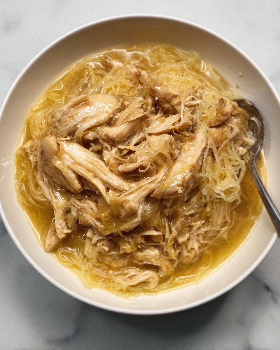 The image shows a white bowl filled with a dish of shredded light brown chicken mixed with soft cooked noodles, all coated in a shiny golden broth. The chicken pieces are layered on top and spread throughout the noodles, which sit in the middle of the bowl. On the right side, there is a silver spoon resting inside the bowl. The bowl is placed on a white marbled surface. photo taken with an iphone --ar 4:5 --v 7