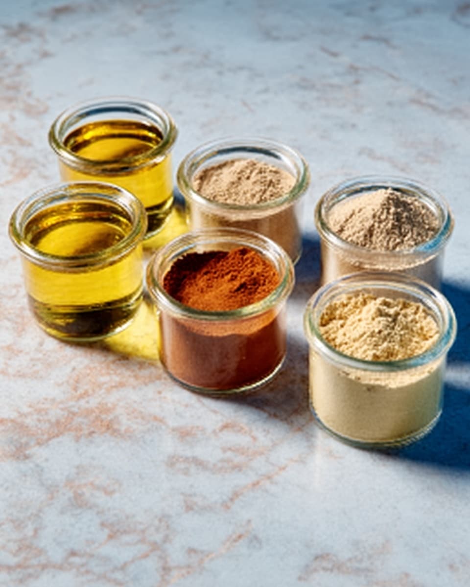 The image shows five small clear glass containers lined up on a white marbled surface. From left to right, the first container holds a golden yellow oil with a smooth, shiny texture. The second container is filled with a smooth, reddish-brown sauce. The next two containers contain light brown and beige powders with fine, grainy texture. The last container holds a pale yellow powder with a soft, powdery texture. The background and surface are white marble with faint grey veins. photo taken with an iphone --ar 4:5 --v 7