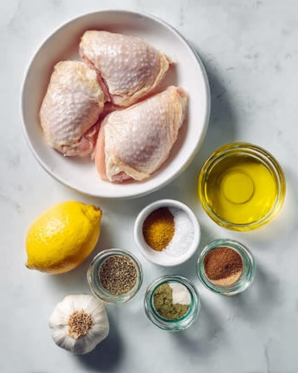 A white bowl holds two raw chicken pieces on a white marbled surface. Next to the bowl is a whole yellow lemon, a bulb of garlic, and a small white bowl filled with salt. Four small glass jars of spices and herbs are placed beside these ingredients, along with a clear glass bowl filled with light yellow olive oil. photo taken with an iphone --ar 4:5 --v 7