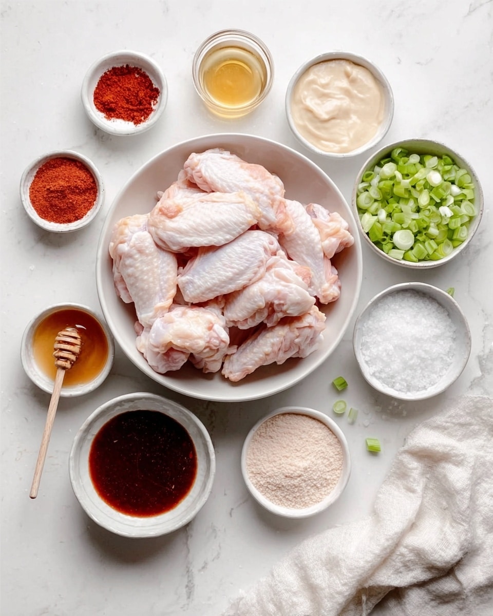 A white bowl filled with raw chicken wings sits at the center of the image, showing pale pink and white colors with soft, smooth textures. Around the bowl, there are eight small white dishes arranged loosely on a white marbled surface. Starting from the top left, the first dish contains a bright red powder, followed by a very light beige creamy sauce in another dish at the top center. To the right, a white bowl holds chopped green onions with bright green shades. Next to that, a white bowl contains coarse salt, showing white grains and a wooden spoon covered lightly with honey dripping over it. Below, a small white dish filled with a dark reddish-brown thick sauce is placed next to a second dish with white granulated sugar. A smaller white dish around the bottom center has a light beige powder, and the last small dish holds another amount of the red powder. A white cloth is folded and placed on the bottom right corner. The photo taken with an iphone --ar 4:5 --v 7