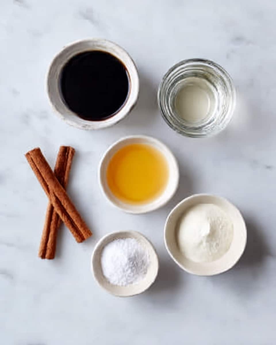 The image shows six small white bowls and cups placed on a white marbled surface. Each container holds a different ingredient: one cup holds a dark liquid resembling soy sauce, another has a clear liquid similar to water, a third has a light yellow liquid like oil, the fourth holds a white powdery substance, the fifth has a white creamy liquid, and two cinnamon sticks are placed side by side between the containers. The setup is simple and neat, highlighting the contrast between the colors of the ingredients and the white marbled background. photo taken with an iphone --ar 4:5 --v 7
