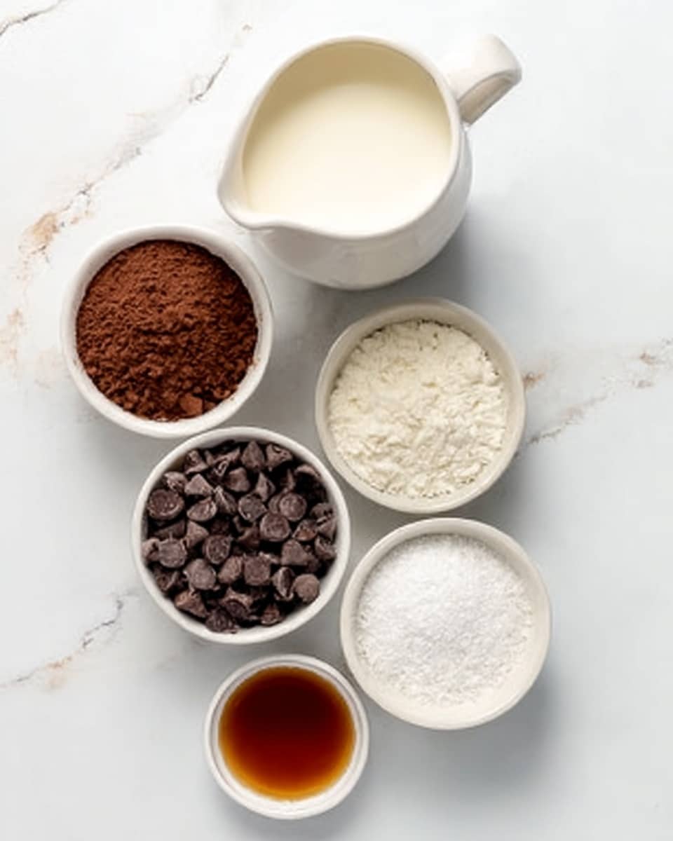 The image shows five white bowls and a small white pitcher arranged on a white marbled surface. The pitcher contains creamy white milk and is placed at the top. Below it, three white bowls form a triangle: the left bowl has dark brown cocoa powder with a smooth texture, the center-bottom bowl contains shiny dark chocolate chips, and the right bowl holds white granulated sugar. In front of these, a small white bowl filled with amber-brown vanilla extract completes the setup. The scene is bright and clean, with a soft shadow under each item, creating a neat and organized look. photo taken with an iphone --ar 4:5 --v 7
