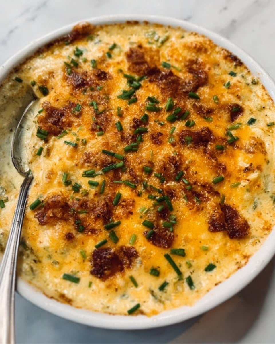 This image shows a white oval dish filled with a creamy yellow baked dish. The top is covered with a layer of finely chopped brown nuts and is sprinkled with chopped green herbs. A white spoon rests inside the dish, partially scooping up some of the creamy food. The dish sits on a white marbled surface. photo taken with an iphone --ar 4:5 --v 7
