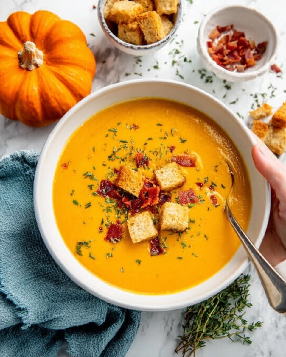 A white bowl filled with smooth, bright orange pumpkin soup topped with small golden toasted bread cubes and a sprinkle of crushed nuts or spices in the center. To the left of the bowl, there is a white kitchen towel with gray stripes and a silver spoon resting on it. Near the bowl, there are small white bowls, one with yellow oil and another with crushed red spices, along with fresh rosemary on the white marbled surface. In the lower right corner, a whole orange pumpkin sits partly in view. A woman's hand holds the bowl slightly from the top right. Photo taken with an iphone --ar 4:5 --v 7