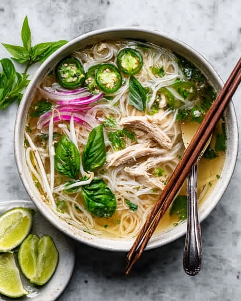 A white bowl sits on a white marbled surface, filled with clear broth and long, light yellow noodles forming the base layer. Thin slices of pale pink meat rest on top of the noodles, with green herbs like cilantro and jalapeño slices scattered among them. There are thin slices of radish adding a faint pink color on one side, and a few fresh lime wedges placed beside the bowl. A pair of wooden chopsticks and a silver spoon are positioned inside the bowl, with a woman's hand reaching in from the right side. The overall look is fresh and colorful with a clear view of all layers. photo taken with an iphone --ar 4:5 --v 7